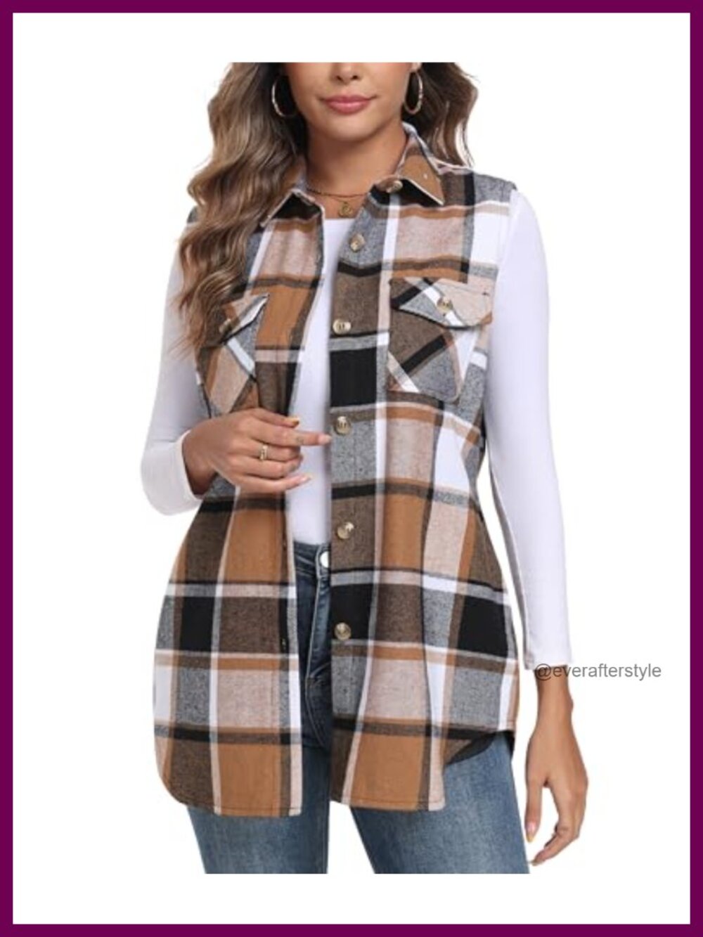 Women's Long Flannel Plaid Vest Sleeveless Shacket with Pockets
